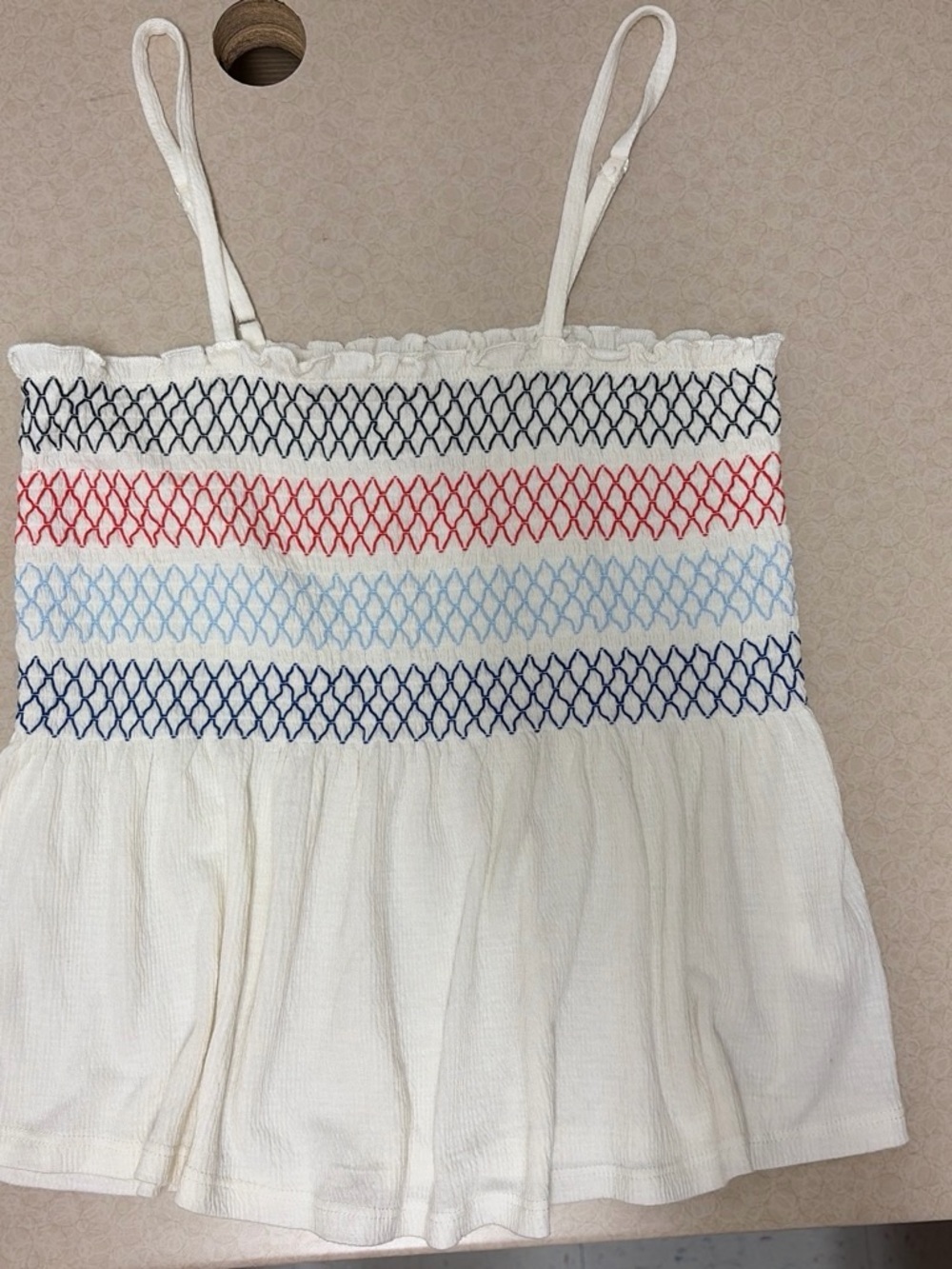 Self Esteem White Smocked Tank Top with Tree Tag
